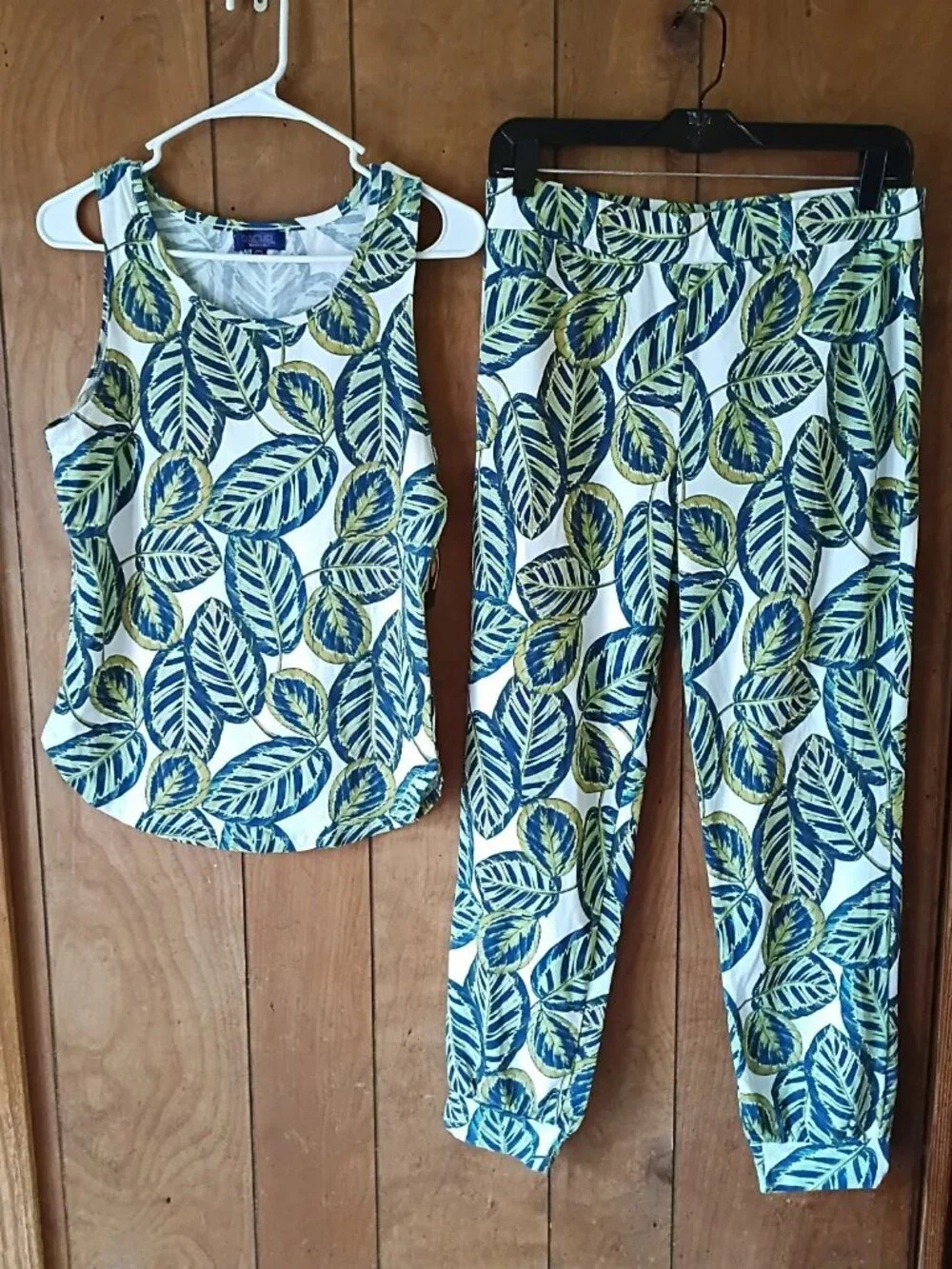 Rachel Roy Womens 2 Piece Leaf Print Tank Top Pants Set Size L Stretch NWT